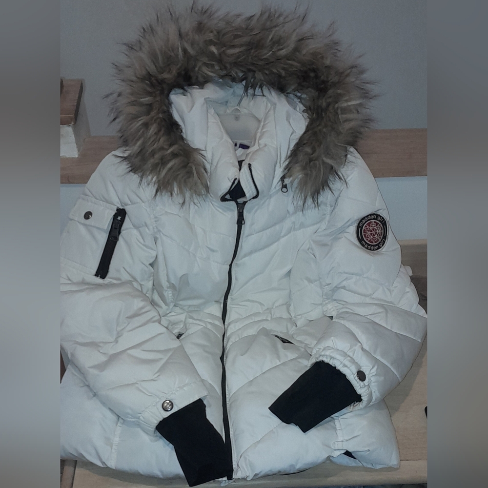 Madden Girl Hooded White Puffer Coat Jacket Parka Faux Fur Trim Hood Sz M Medium - Picture 6 of 16